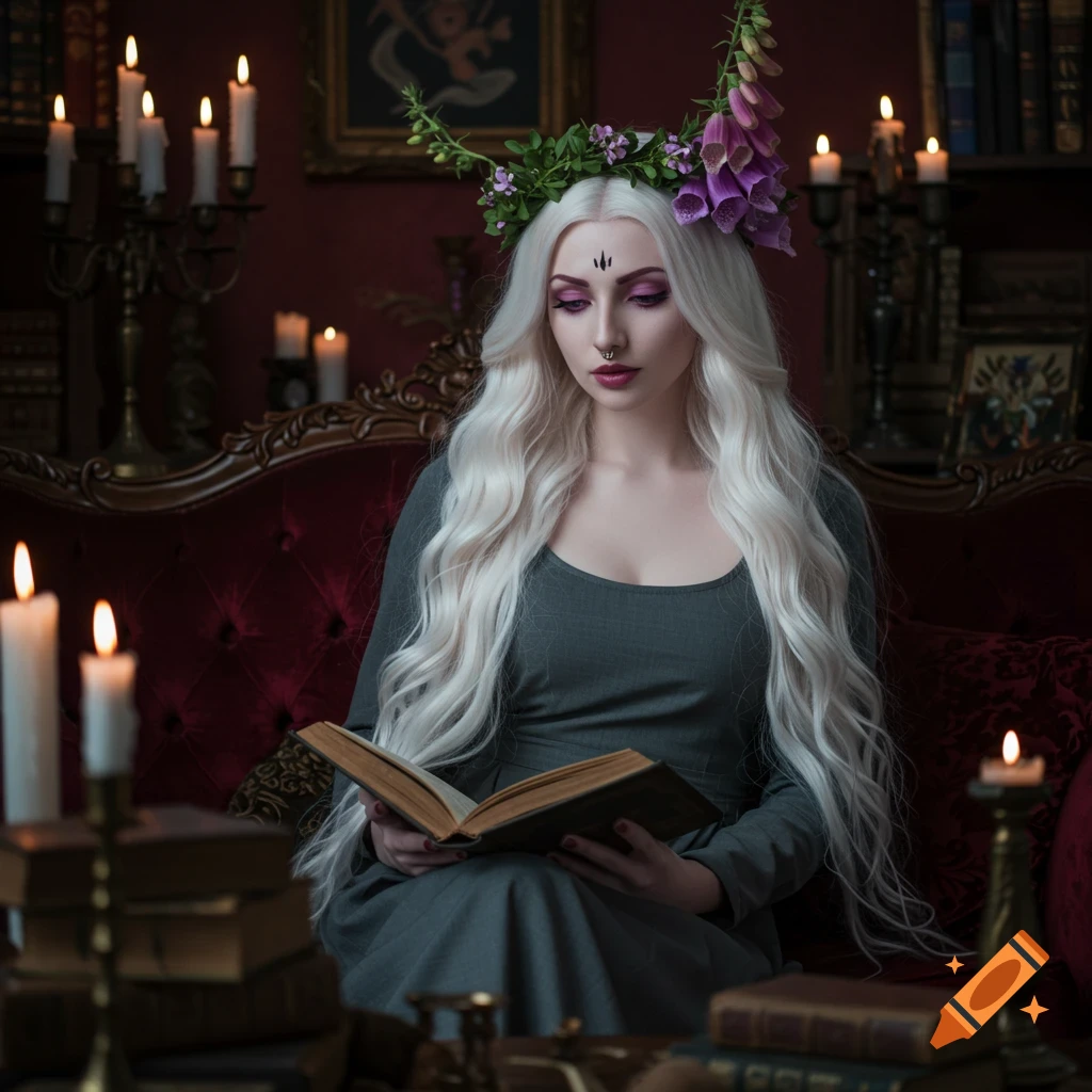 A white-haired woman with a foxglove wreath sits on a red sofa, reading a large book amidst candles and occult items in a dark, rich room.