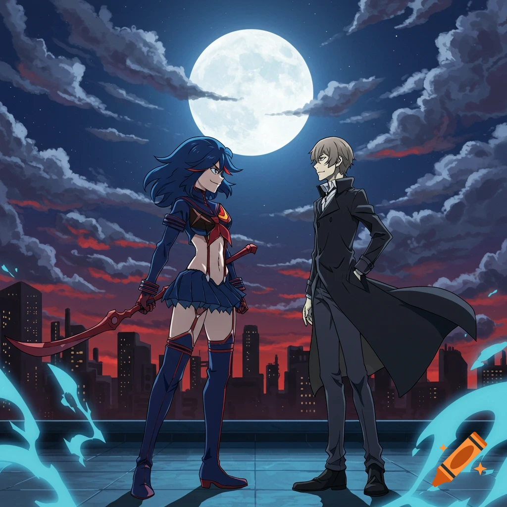 Anime characters Ryuko Matoi and Fyodor Dostoevsky stand on a rooftop at night under a large full moon, facing each other with a city skyline behind them.