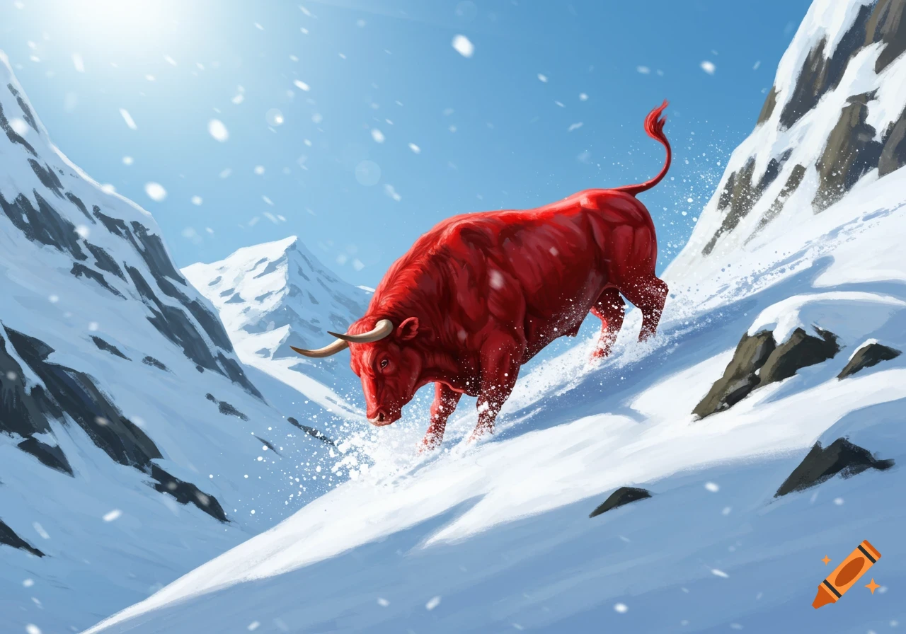 A vibrant red bull runs through deep snow on a sunlit mountain slope, with white-capped peaks in the background.