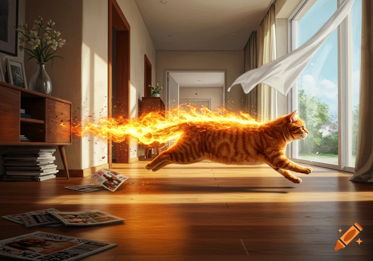 An orange tabby cat runs at high speed through a sunny house, leaving a long trail of bright orange flames behind it.