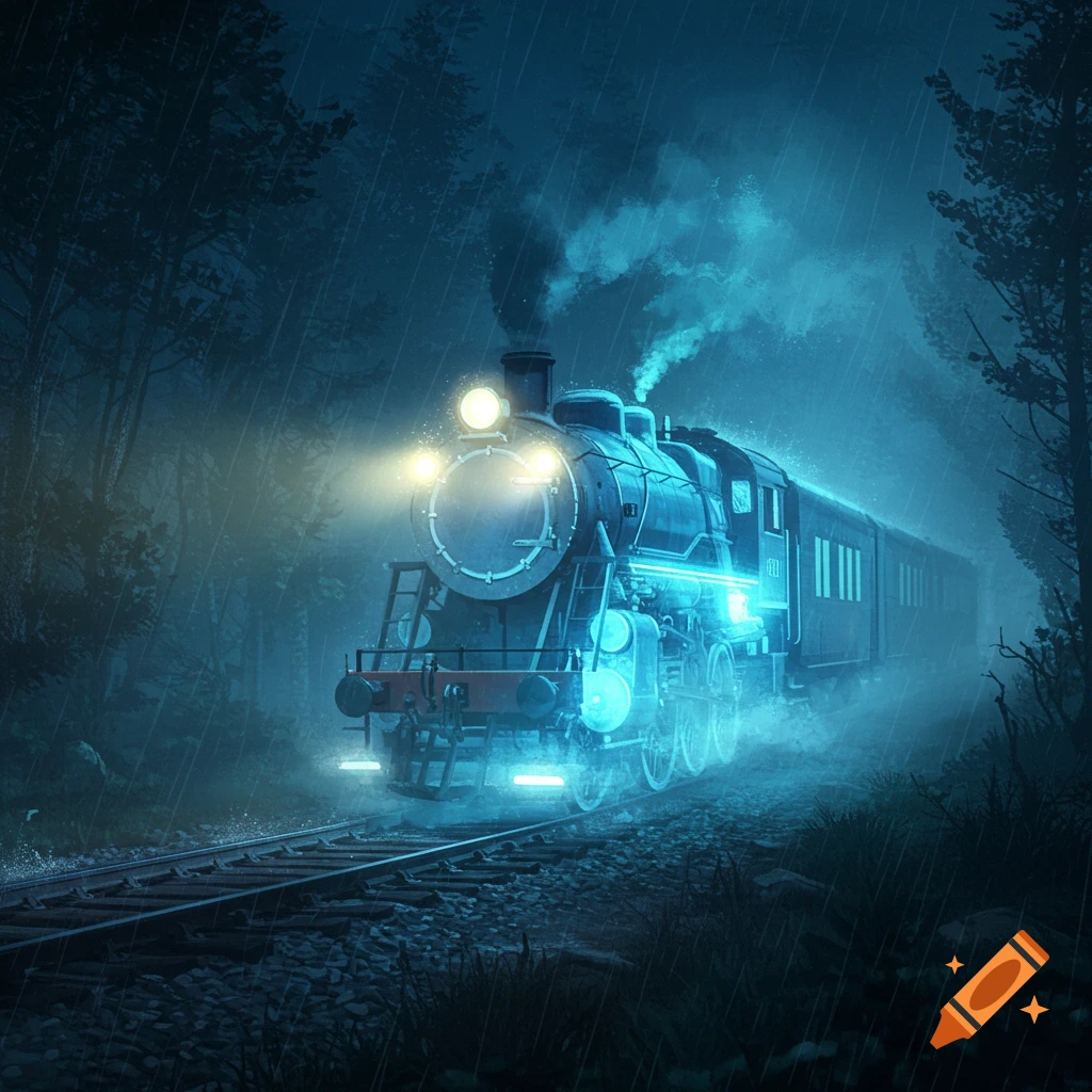 A spectral train with bright headlights glows blue as it travels through a dark, rainy forest at night.
