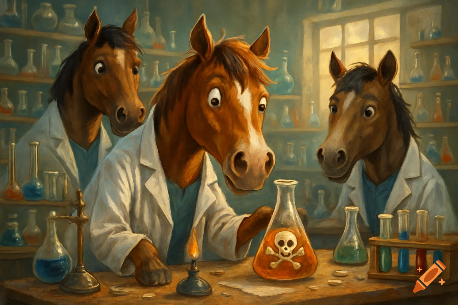Three anthropomorphic horses in lab coats working in a science laboratory. One horse looks surprised at a flask with a skull and crossbones symbol.