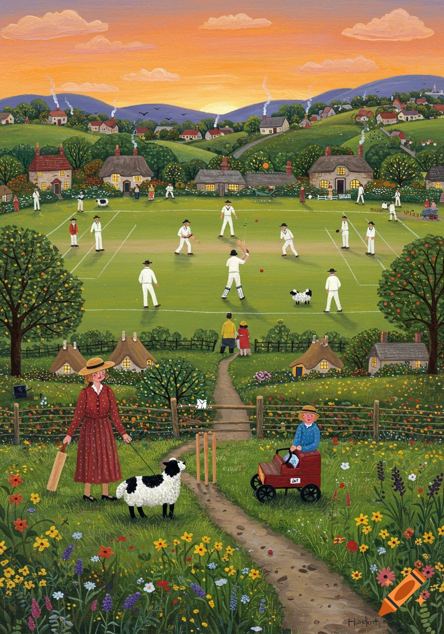 A whimsical folk-art painting shows a village cricket match at sunset, with players on a green field surrounded by spectators, cottages, and rolling hills. A woman with a sheepdog stands in the foreground, with a child in a toy car nearby.