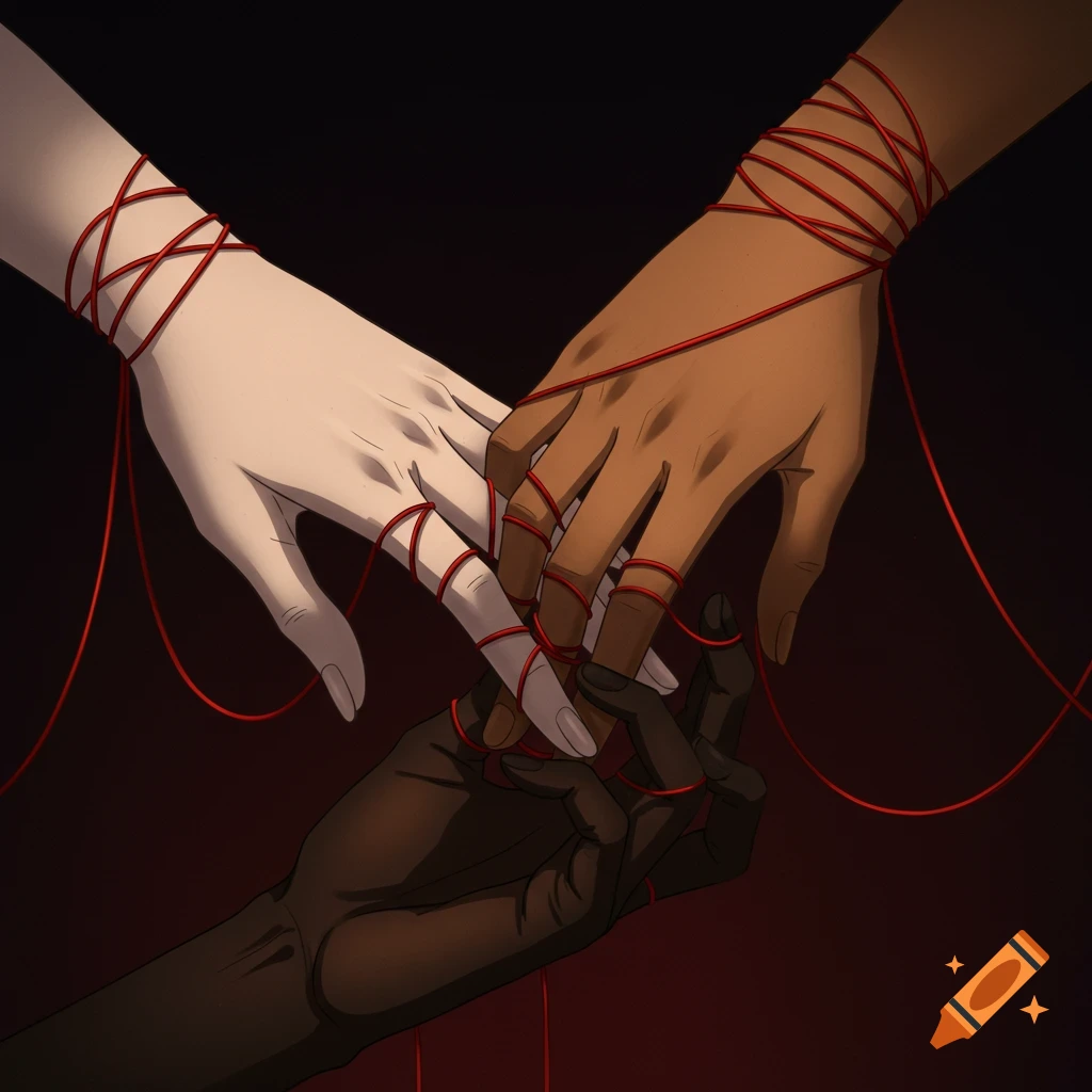Anime-style illustration of three hands of different skin tones (pale, tan, black) intertwined with red strings against a dark background.