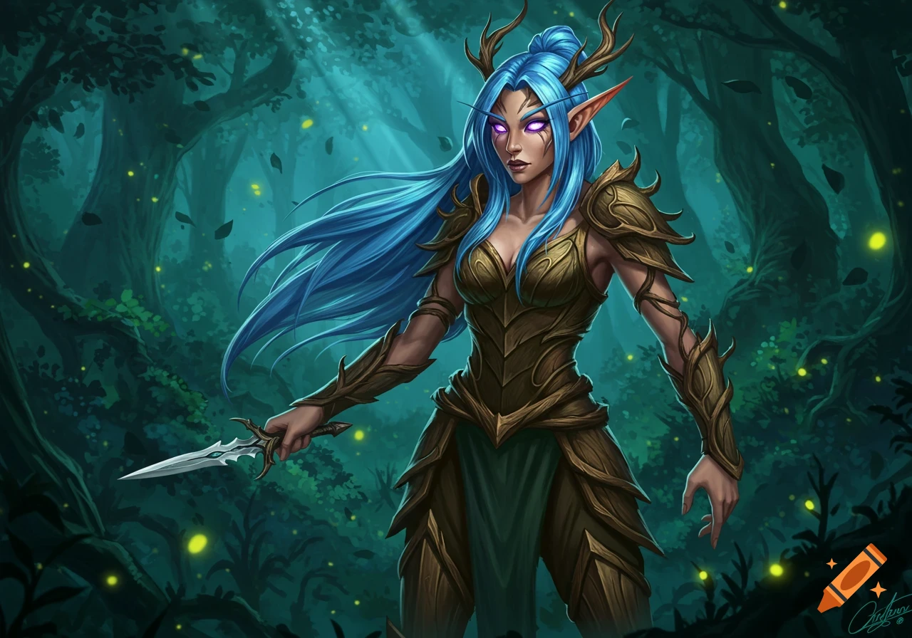 A female Wood Elf with blue hair, purple glowing eyes, and antlers, wearing natural armor and holding a dagger, stands in a mystical forest.