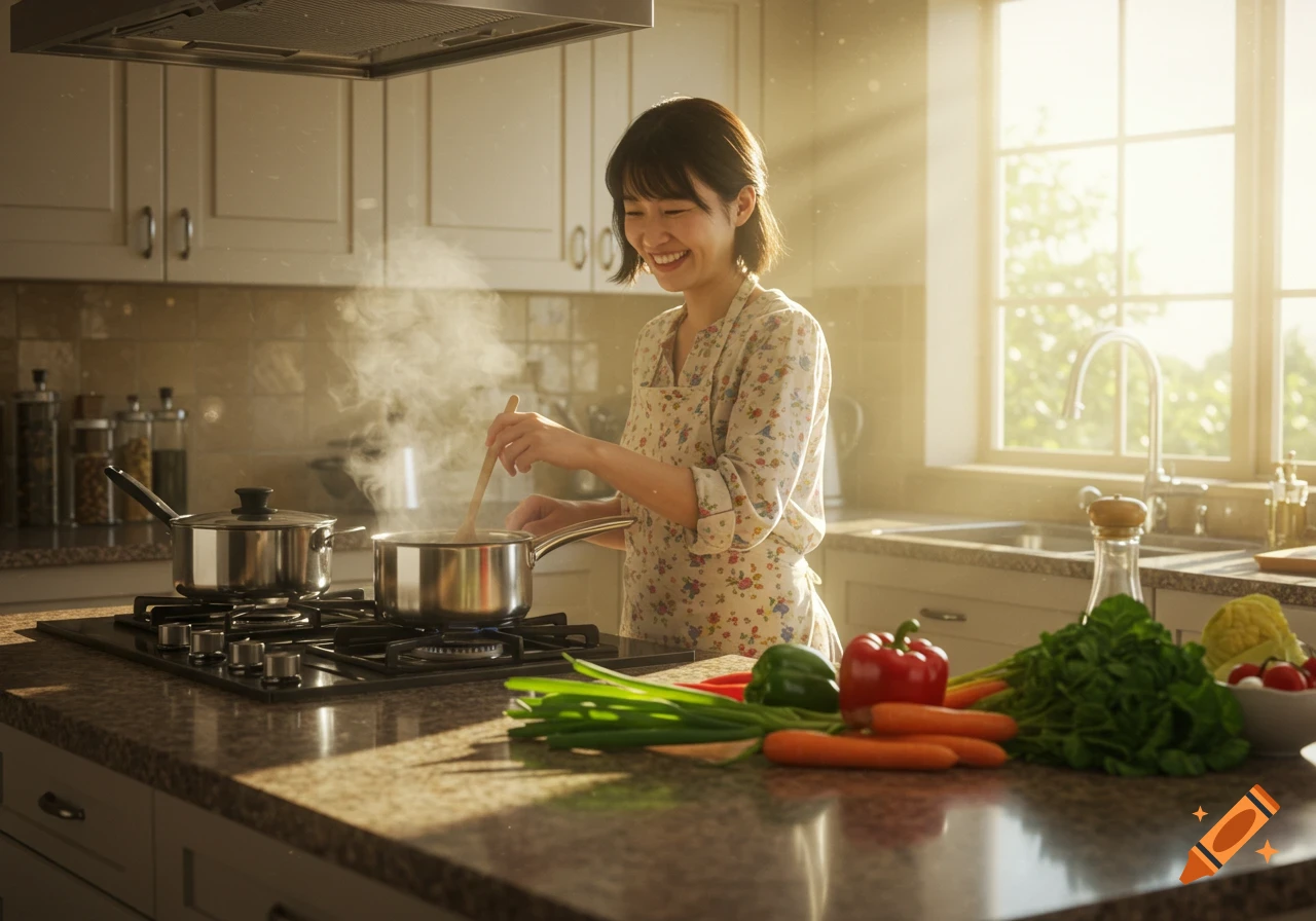 A cheerful Asian woman in an apron stirring a pot on a stove in a sunlit kitchen, with vegetables on the counter.