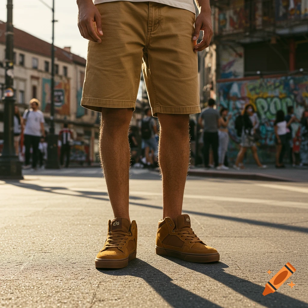 A low-angle shot of a person wearing tan shorts and brown éS skate shoes, standing on an urban street with blurred people and buildings in the background.