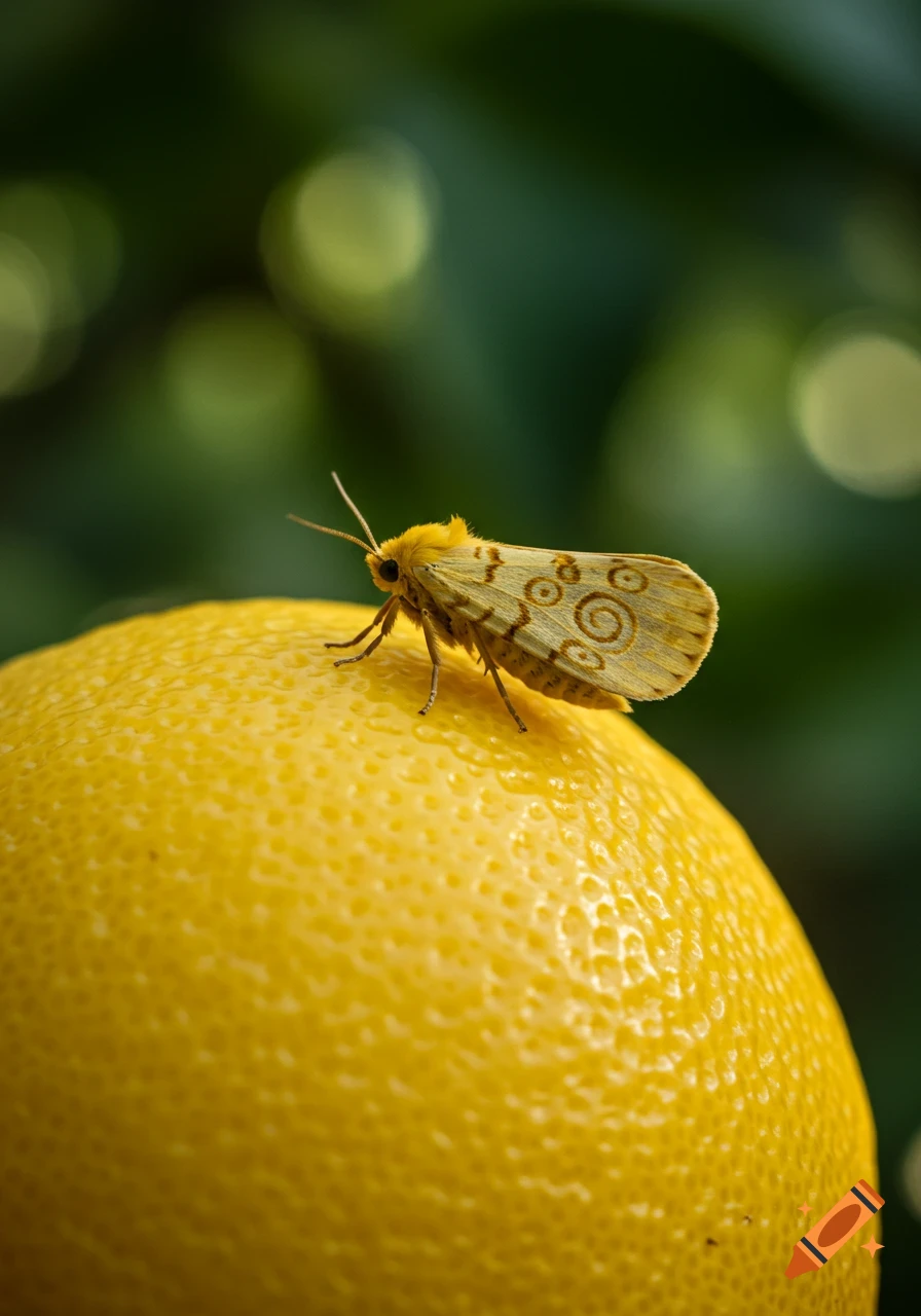 A close-up, photorealistic image of a yellow mulberry moth perched on a bright yellow lemon, with a blurred green background.
