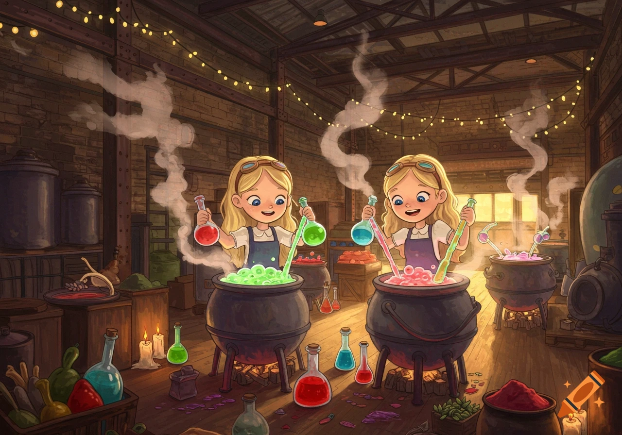 Two cheerful blonde girls in a rustic warehouse-like setting, stirring colorful, steaming potions in large cauldrons under string lights.