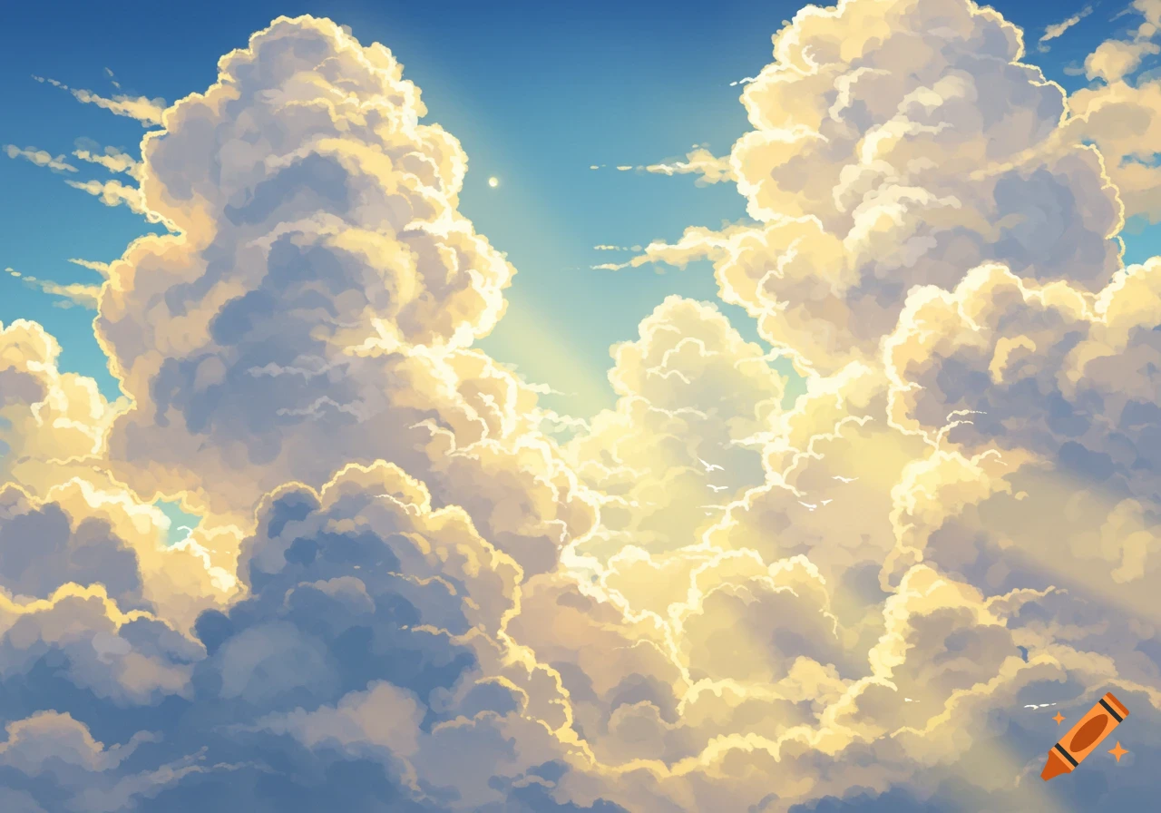 A bright blue sky filled with towering, golden-lit cumulus clouds with sun rays breaking through and small white birds.