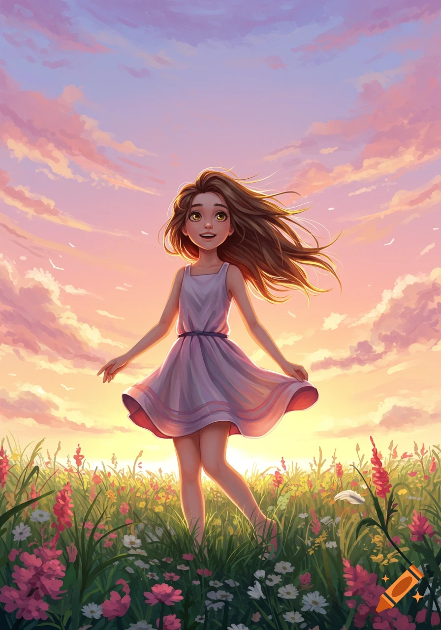 An illustrated girl with long brown hair in a light purple dress stands in a vibrant flower field under a colorful sunset sky.