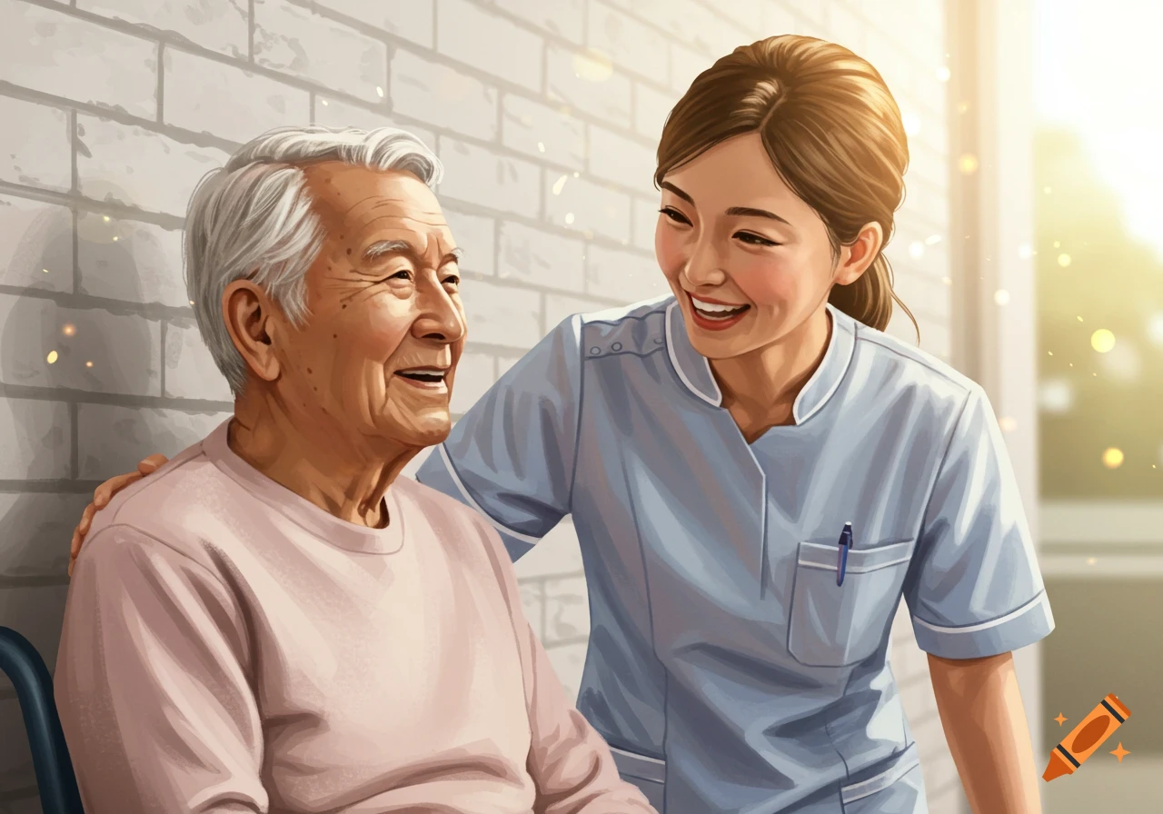 Illustrative depiction of a smiling senior man and a nursing aide looking at each other, against a white brick wall.