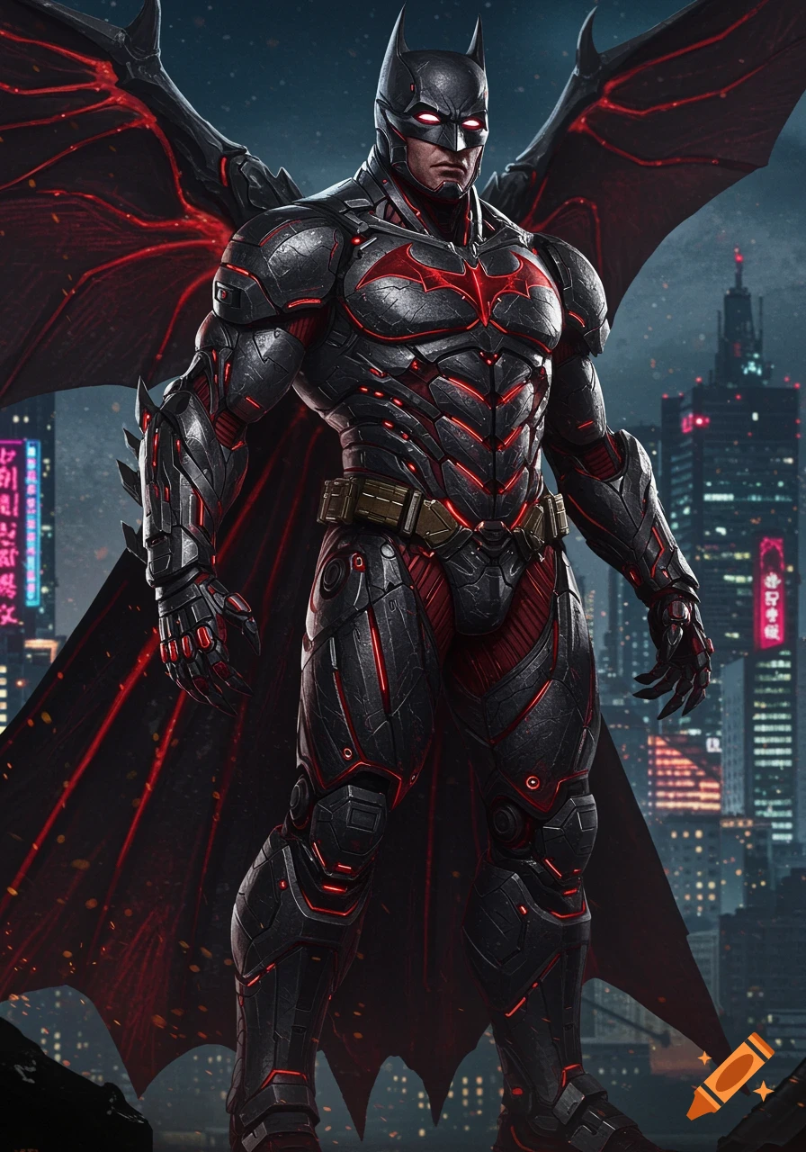A massive, muscular Batman in full-body black and red robotic armor stands in front of a futuristic cityscape.
