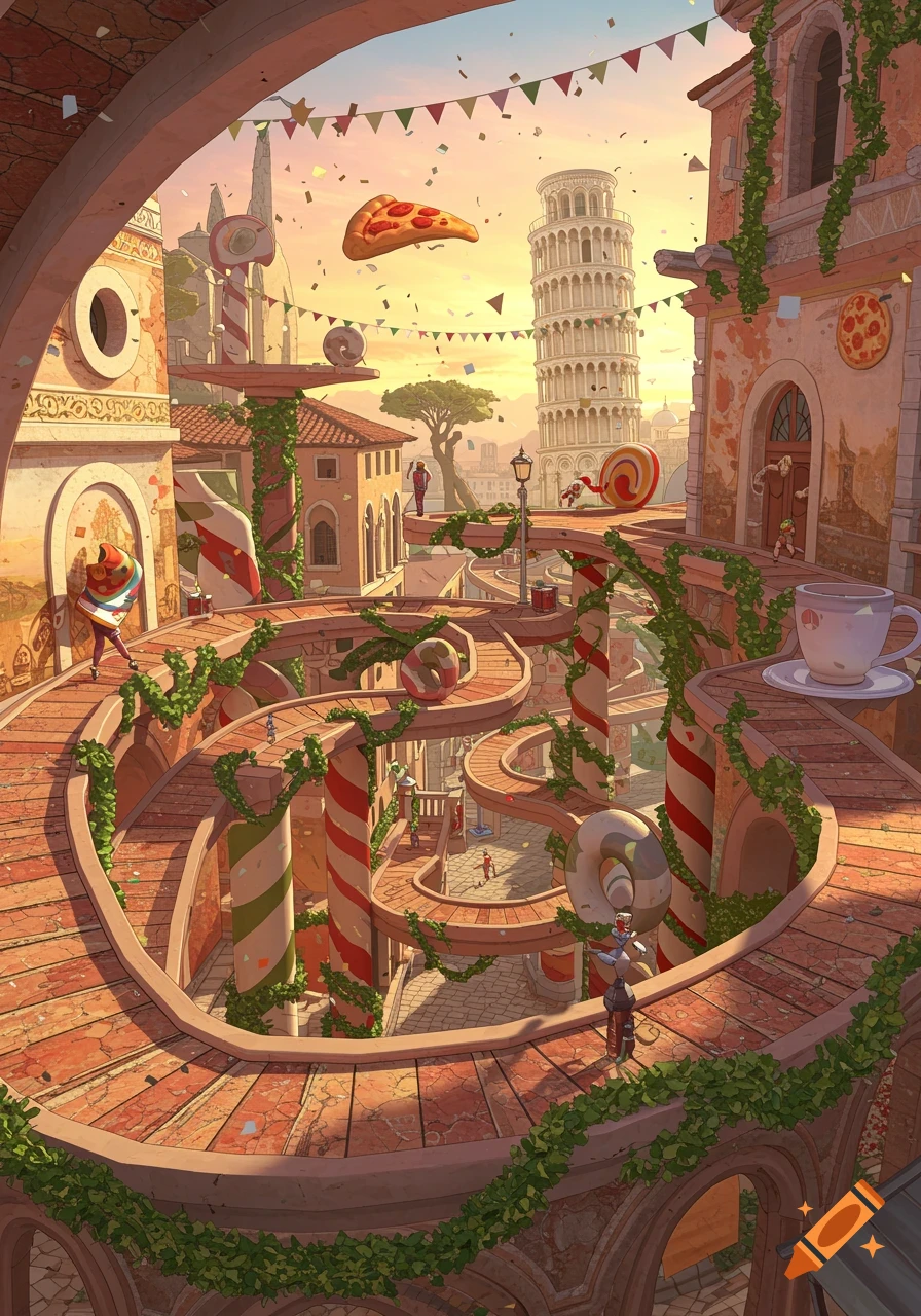 A whimsical cartoon obstacle course winding through Italian-style buildings, with the Leaning Tower of Pisa and floating pizza slices.