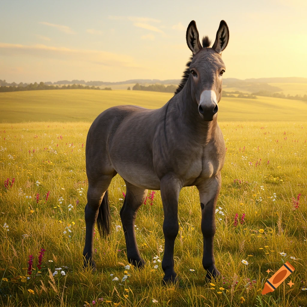 A photorealistic image of a grey donkey standing in a field of tall green and yellow grass with wildflowers under a warm sky.