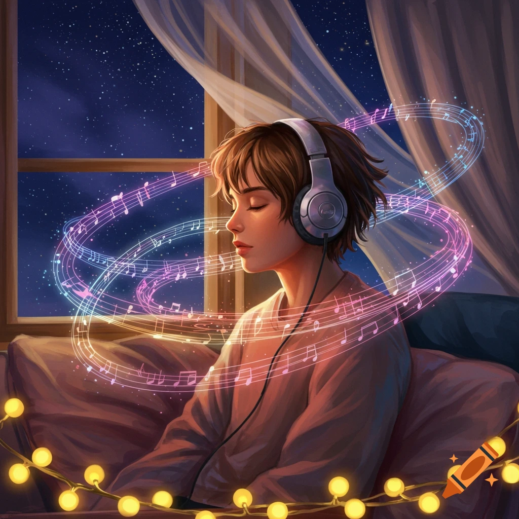 A person with headphones listens to music, surrounded by glowing musical notes, by a window at night with string lights.