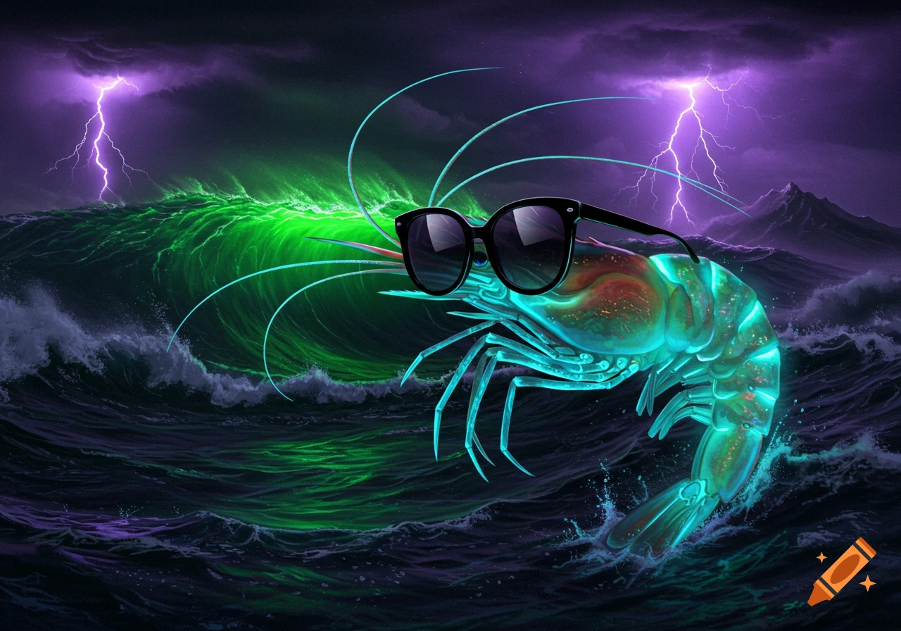 A giant, glowing shrimp wearing sunglasses in a stormy, dark ocean with a vibrant green wave and purple lightning.
