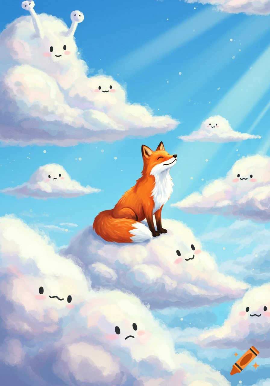 An orange fox sits atop a fluffy cloud with a face, looking up at the bright blue sky, surrounded by other whimsical cartoon clouds.
