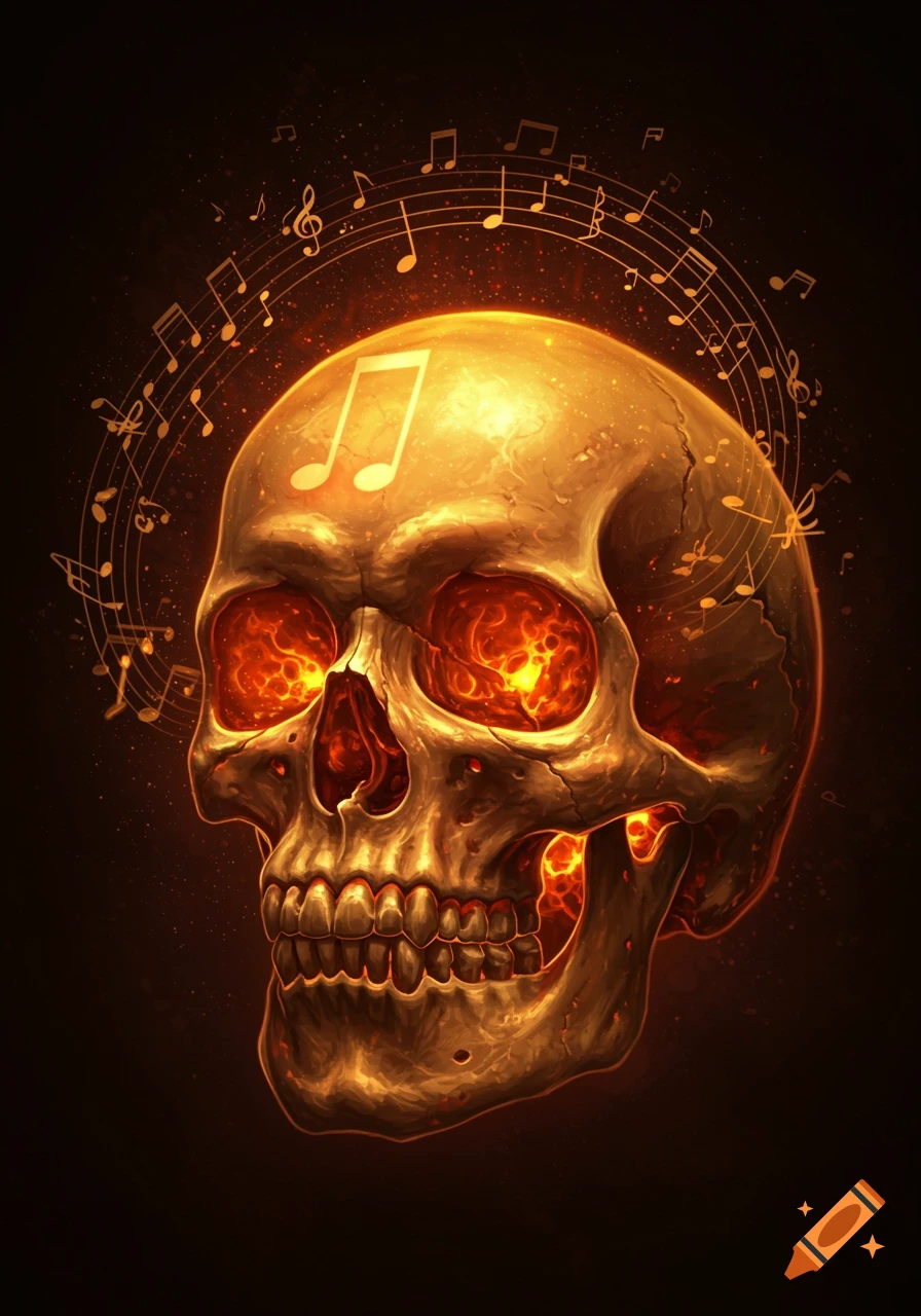 A glowing golden skull with fiery eyes, surrounded by orbiting music notes, and a large music note on its forehead, against a dark background.