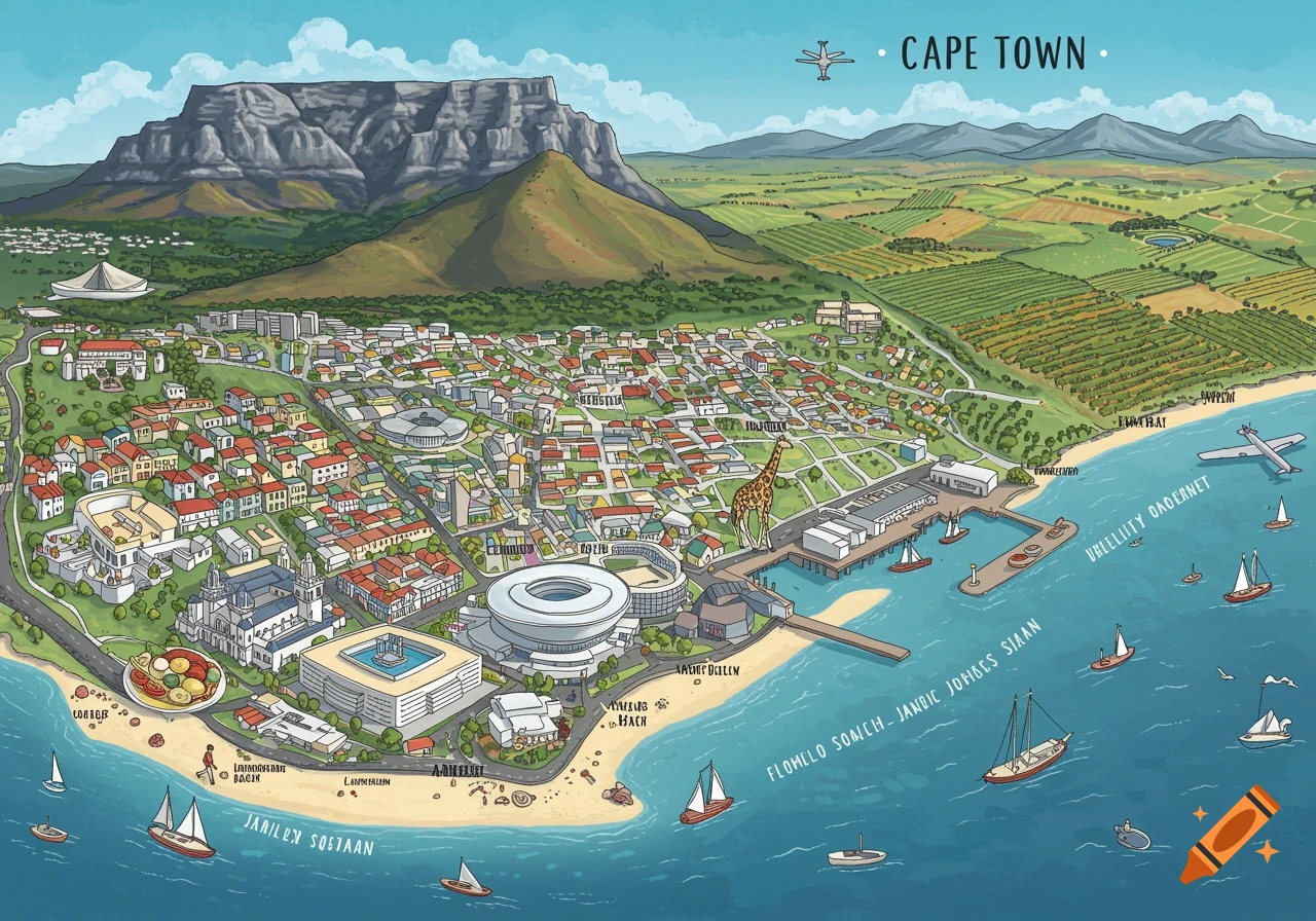 An illustrated, colorful map of Cape Town with Table Mountain, city buildings, a waterfront, vineyards, and boats on the water, featuring a giraffe and an airplane.