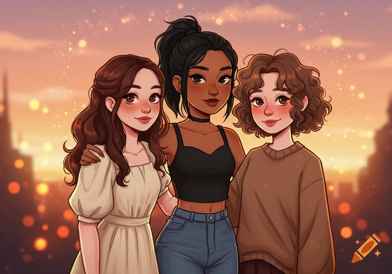 A digital illustration in a warm-toned, comic book style depicts three diverse young women, best friends, smiling against a blurred sunset background.