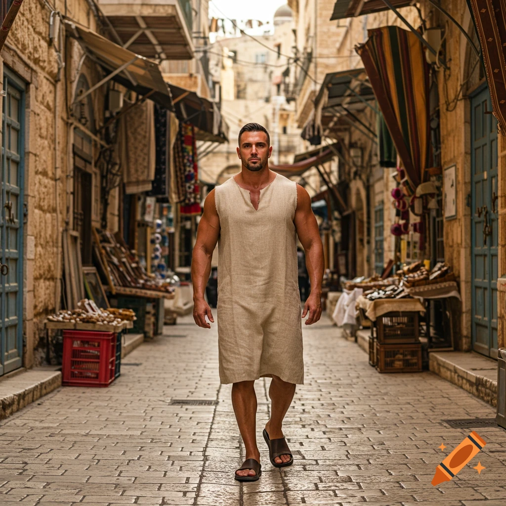 A muscular man in a beige tunic and sandals walks down a narrow, bustling street lined with ancient stone buildings and market stalls.