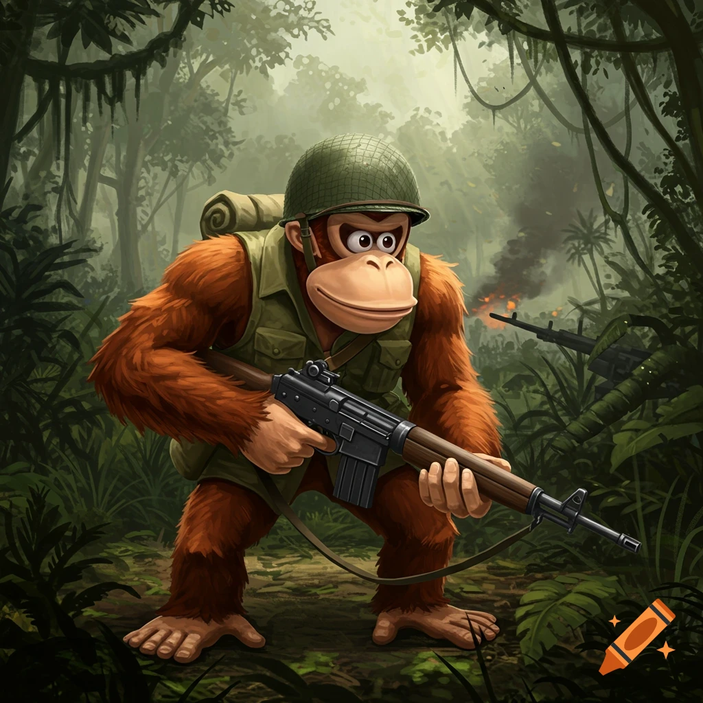 A cartoon orangutan wearing a military helmet and vest holds a rifle in a dense, misty jungle with smoke in the background.