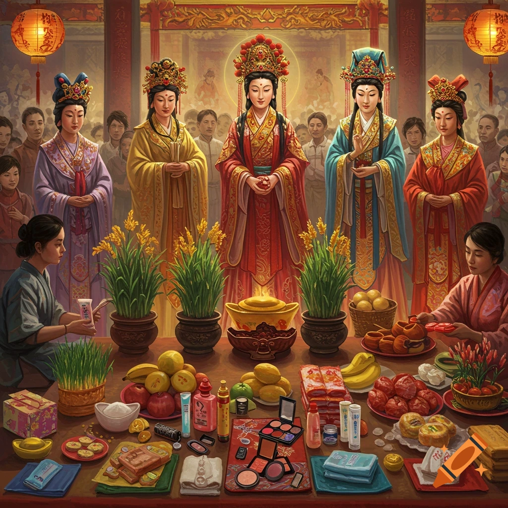 A vibrant traditional artwork depicting a Chinese festival with five goddesses in ornate attire, surrounded by worshippers and a table laden with offerings of fruit, cosmetics, and plants.