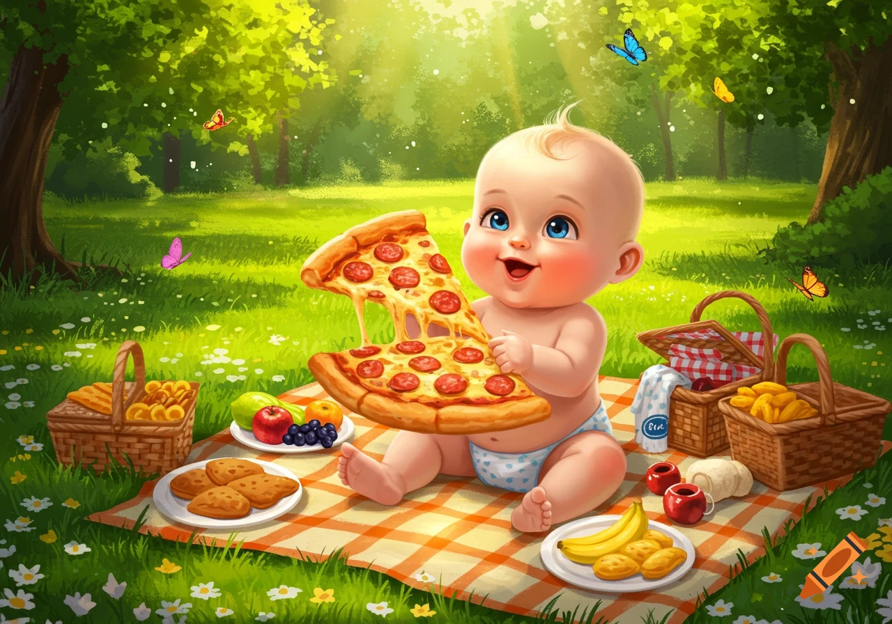 Cute cartoon baby in a diaper sitting on a picnic blanket outdoors, holding a large slice of pepperoni pizza.