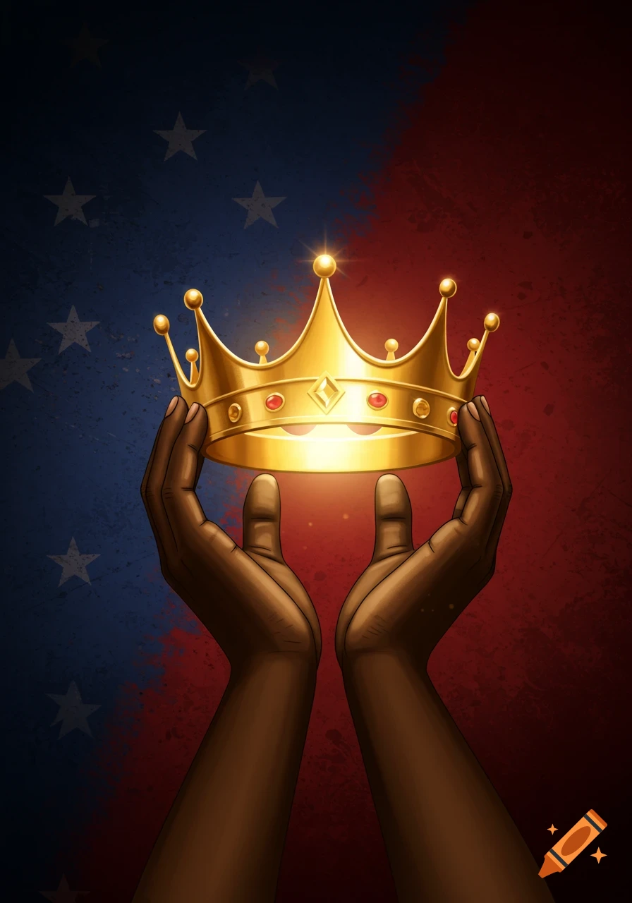 Digital illustration of two dark-skinned hands holding up a glowing golden crown against a red and blue background with stars.
