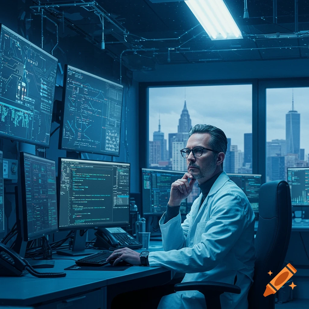 A thoughtful computer scientist in a lab coat works at multiple monitors in a dark, futuristic office overlooking a city.