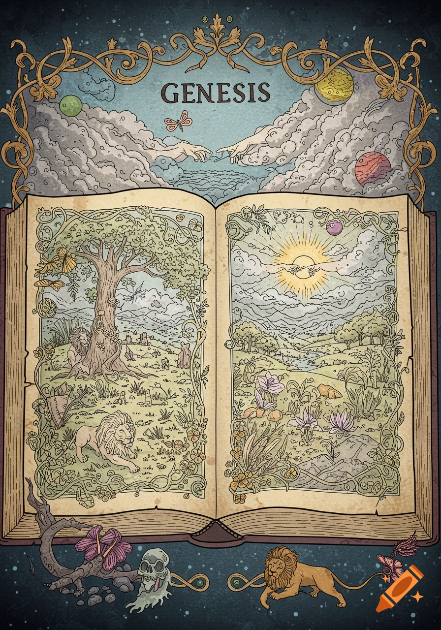An open book titled 'GENESIS' illustrating biblical creation scenes with nature, animals, and hands of God, in a stylized, ornate coloring book style.