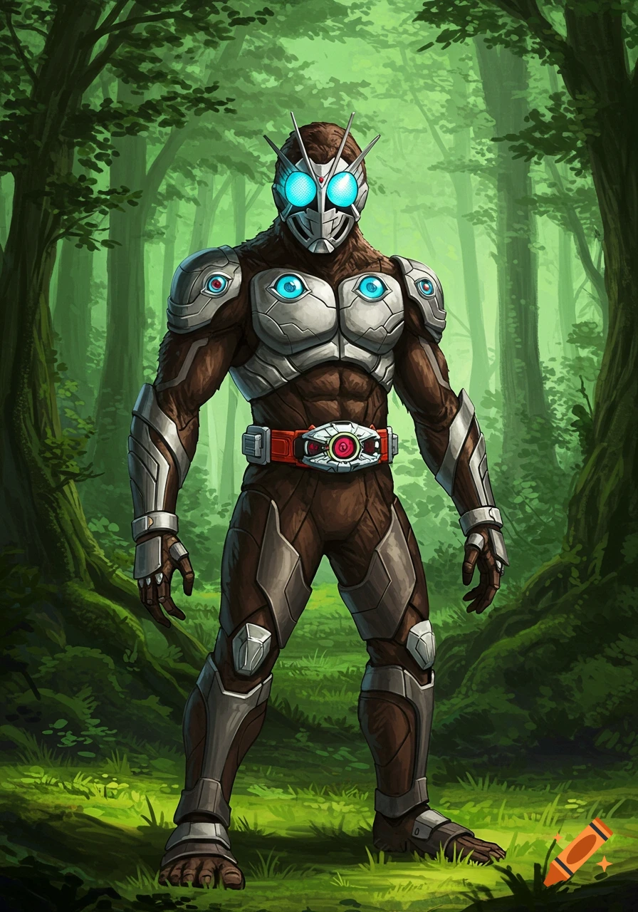 An armored Bigfoot-like character with glowing blue eyes and metallic silver armor stands in a vibrant green forest.