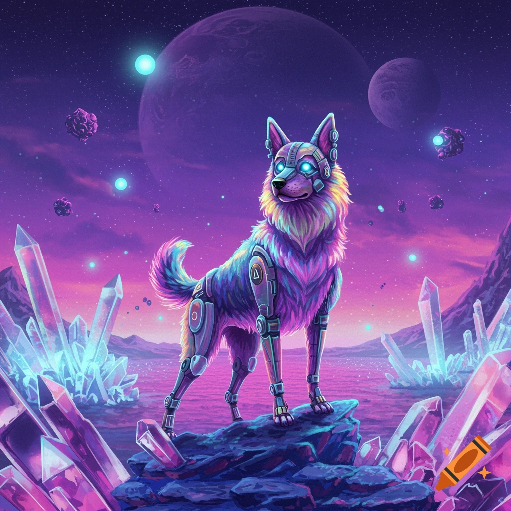 A colorful cyberpunk dog stands on a rock on an alien planet with large glowing crystals and two moons in the purple sky.