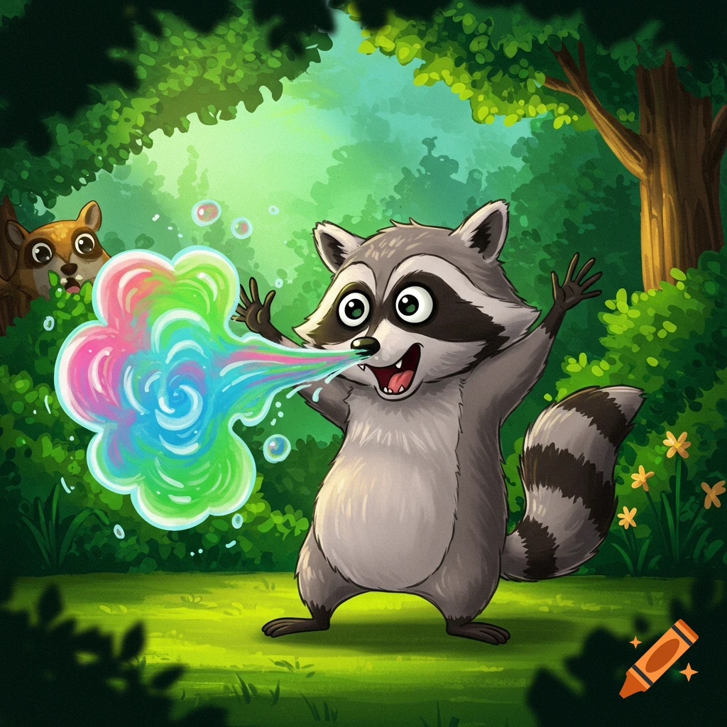 A cheerful cartoon raccoon blows a colorful rainbow cloud from its nose in a forest, while a squirrel peeks from behind a tree.