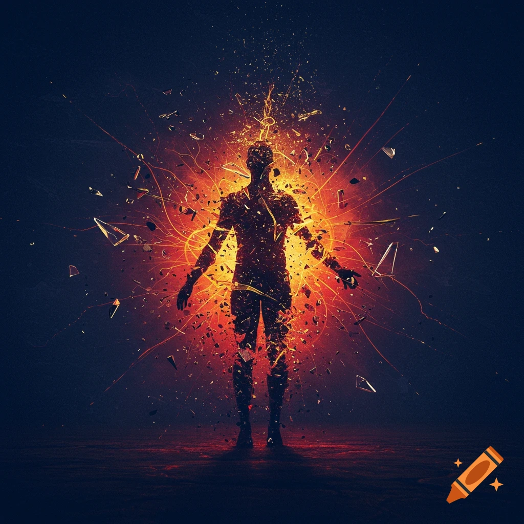 A human silhouette, bursting with bright orange and yellow light, shattering into fragments against a dark background, in a digital art style.