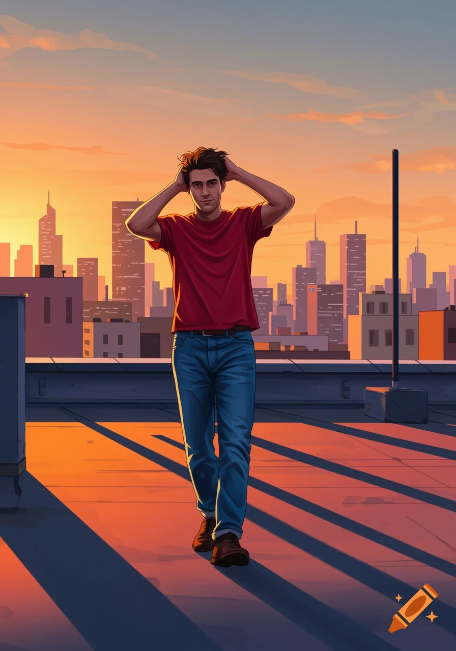 A man in a red T-shirt and blue jeans stands on a rooftop against a city skyline at sunset in a stylized illustration.