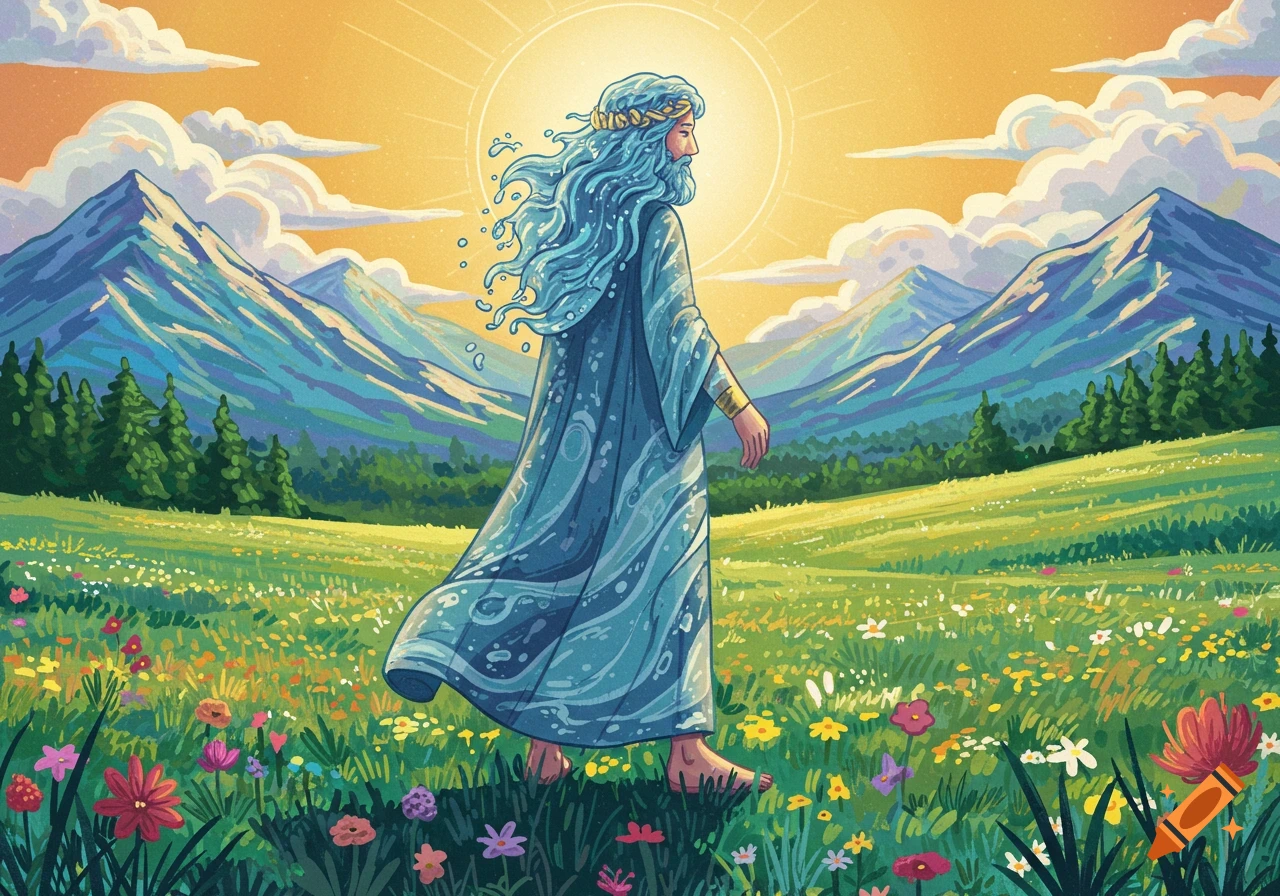 A cartoon-style man with blue wavy hair and beard walks through a vibrant flower meadow towards a bright sun, with mountains in the background.