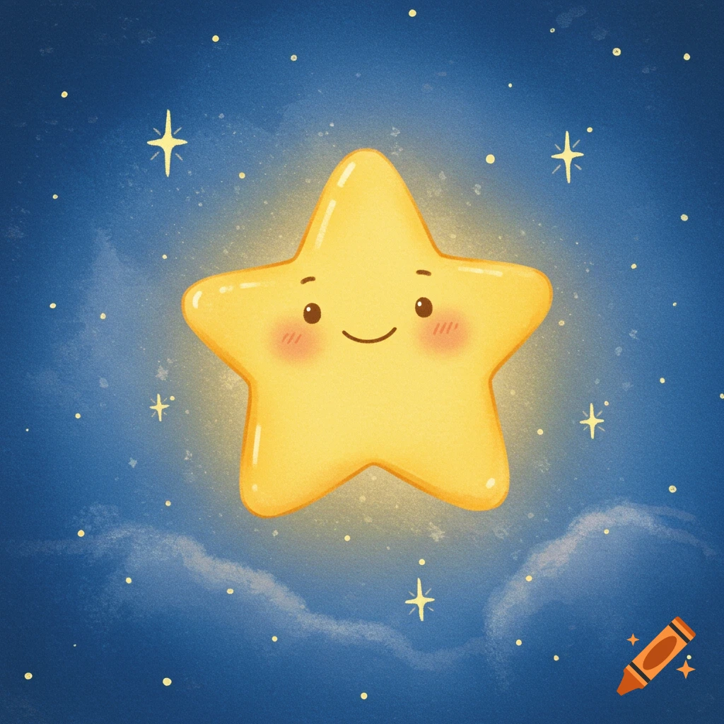 A cute, glowing yellow star with a happy smiling face twinkling in a soft blue night sky in a watercolor cartoon style.