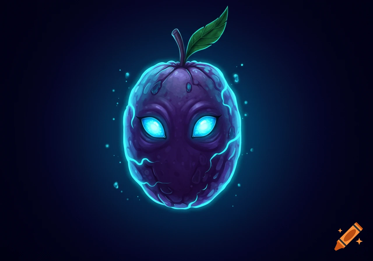 An illustrated mystical purple fruit with glowing blue eyes and neon outlines on a dark blue gradient background.