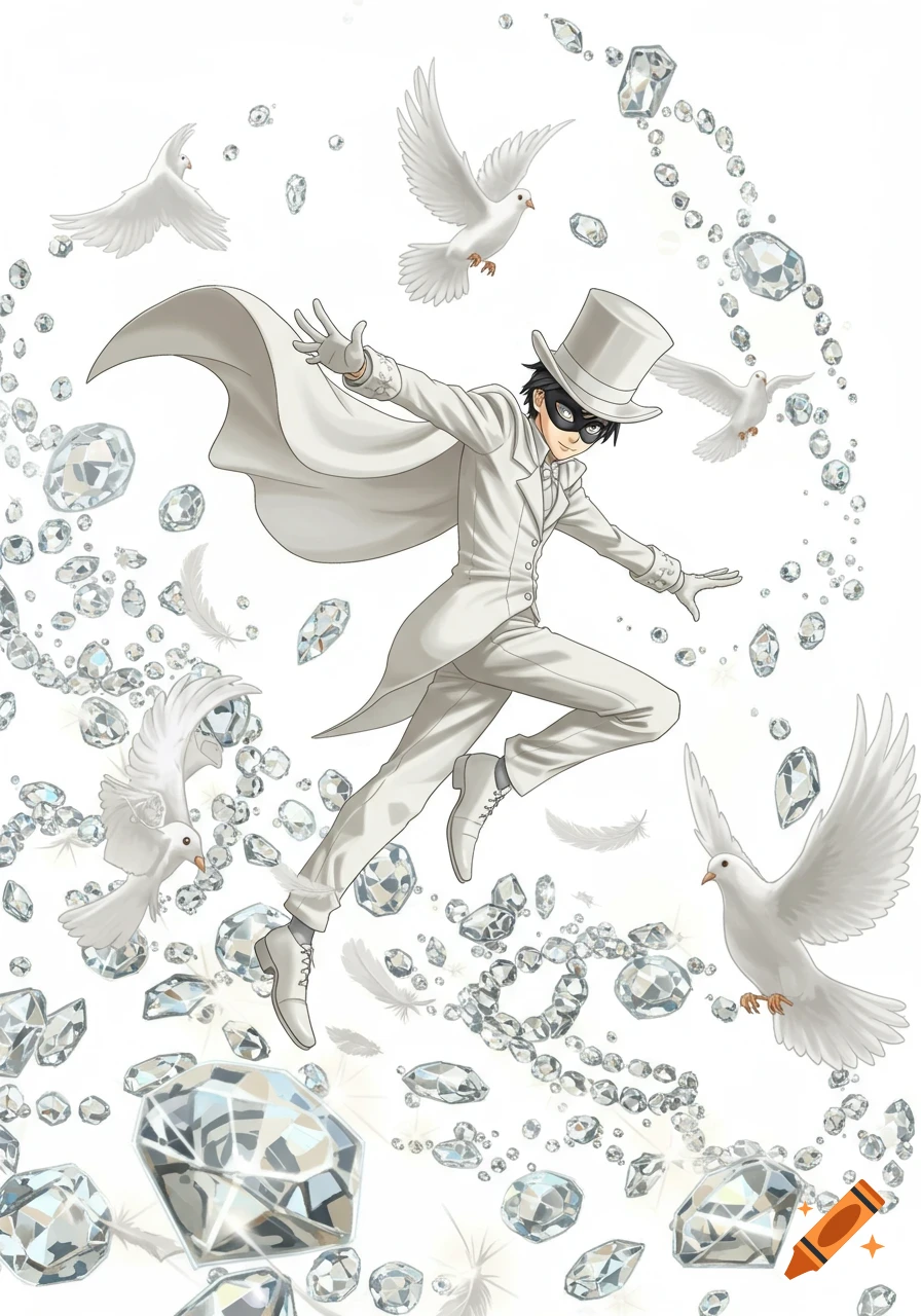 An anime character, Kaitou Kid, in a white suit and top hat, jumps among sparkling diamonds and white doves.