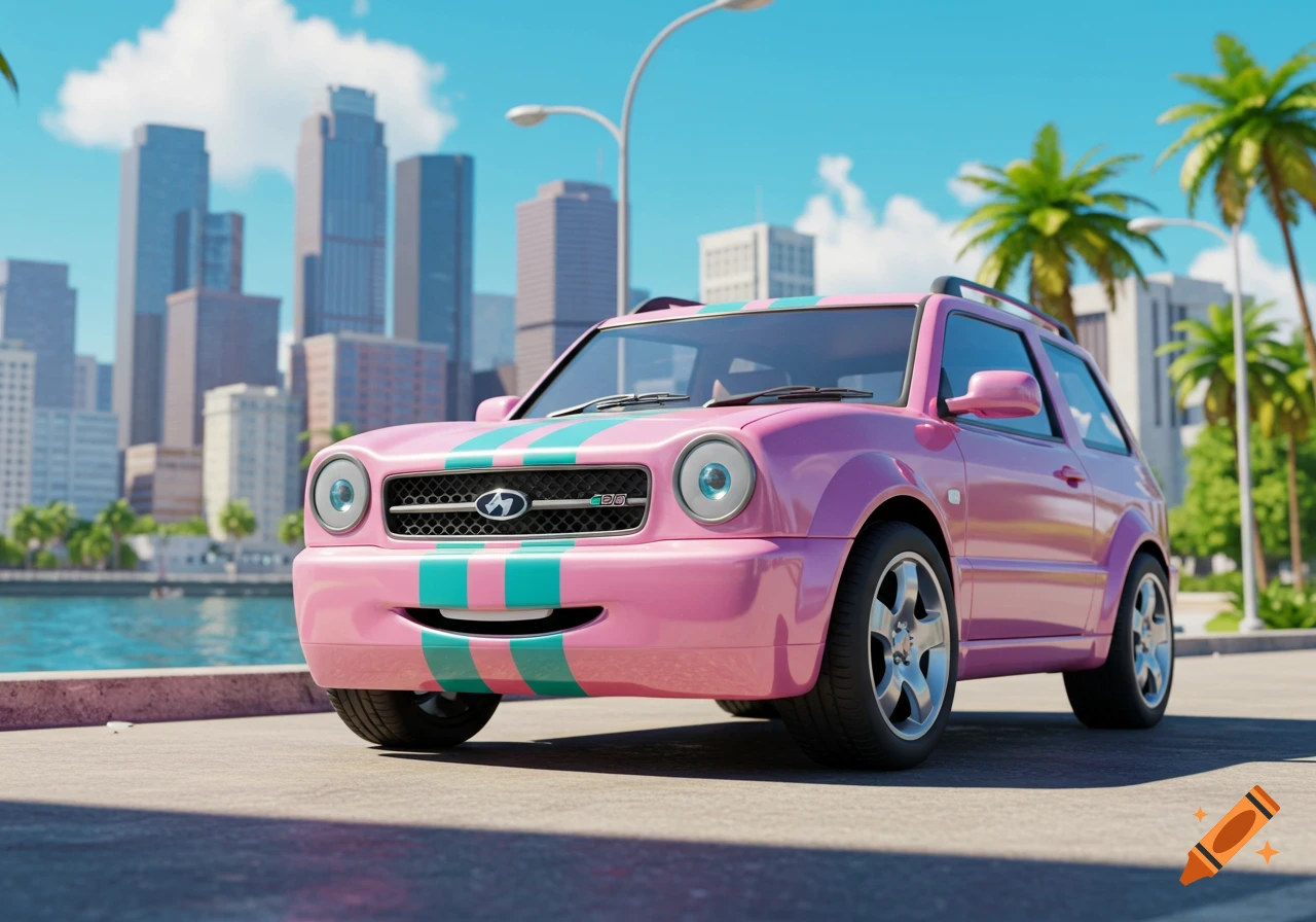 A pink anthropomorphic SUV with teal racing stripes, large circular eyes, and a wide smile is parked by a waterfront with a city skyline and palm trees under a blue sky.