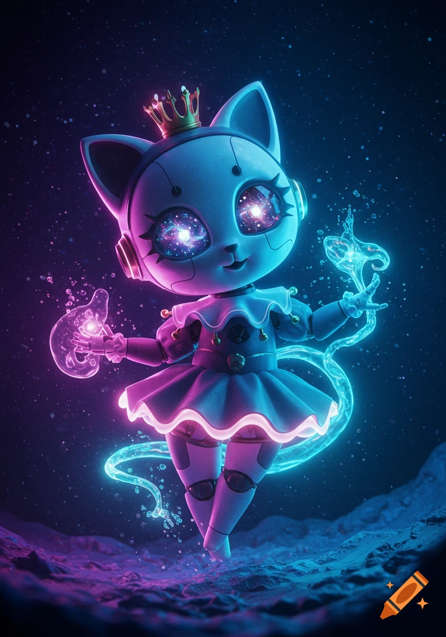 A cute robot cat creature with galaxy eyes, wearing a crown and dress, glowing with neon pink and blue light in a cosmic setting.