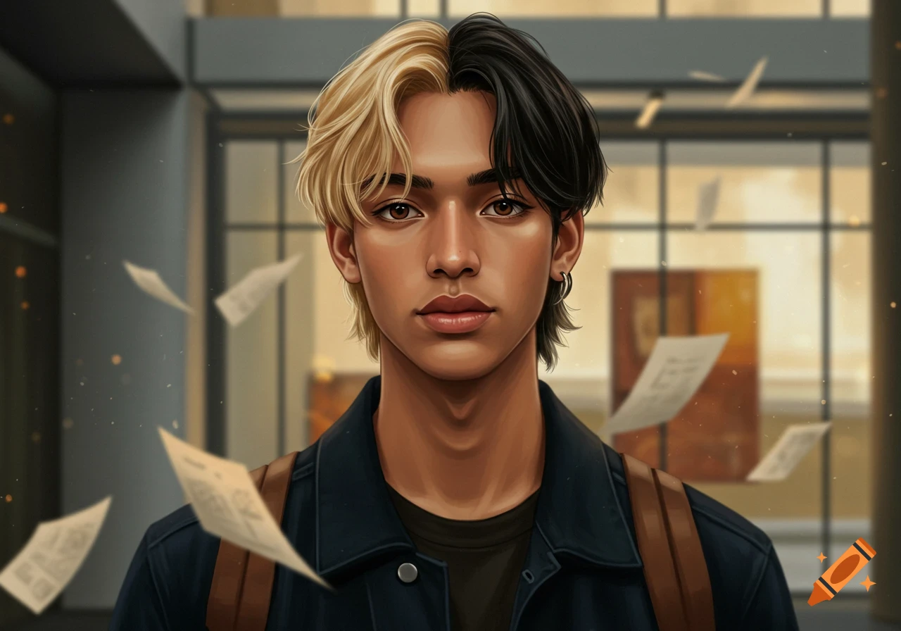 A digital art portrait of a young man with half blonde and half black hair, wearing a dark jacket, with papers floating around him.