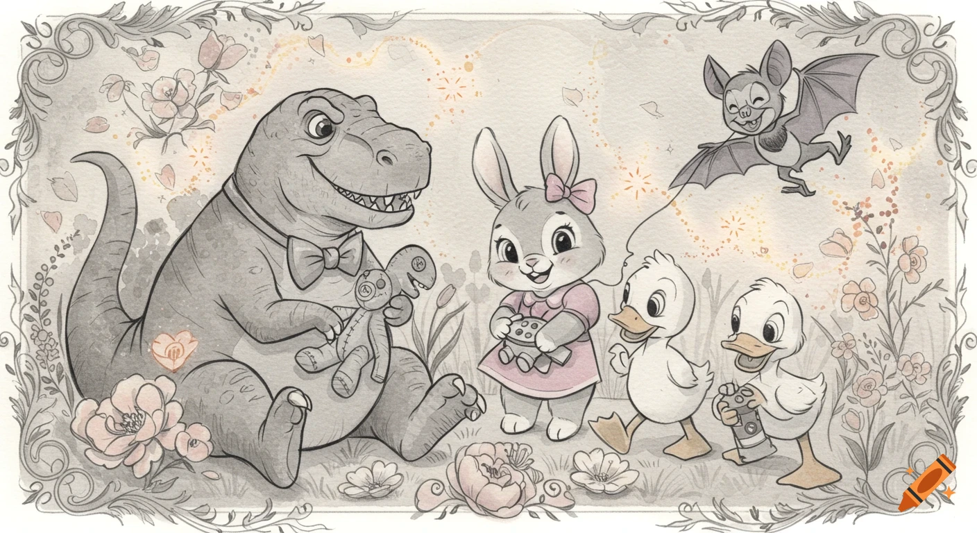 A whimsical watercolor illustration of a T-Rex, bunny, bat, and two ducklings surrounded by flowers and a decorative border.