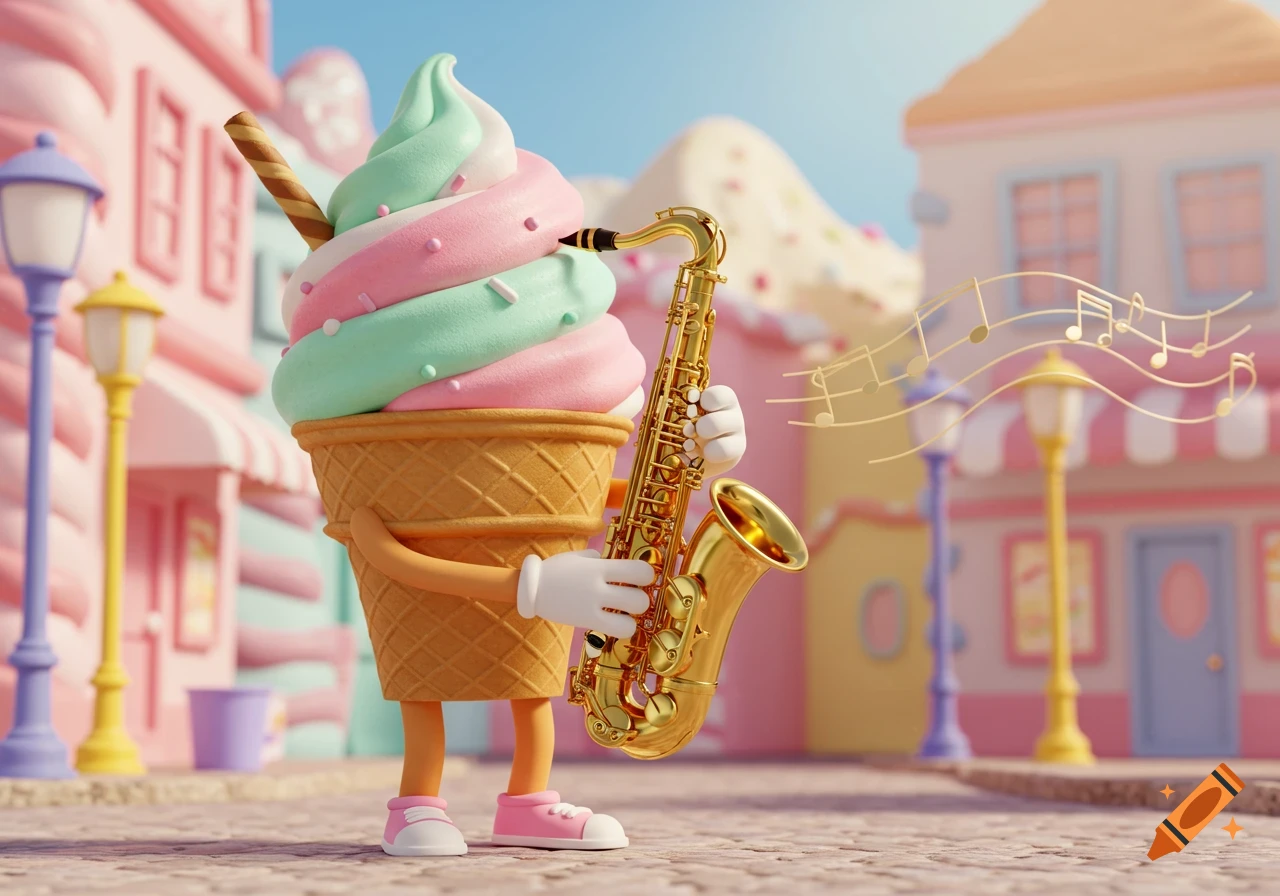 A cute 3D ice cream cone character with pink and mint scoops and sprinkles plays a golden saxophone in a whimsical pastel town.