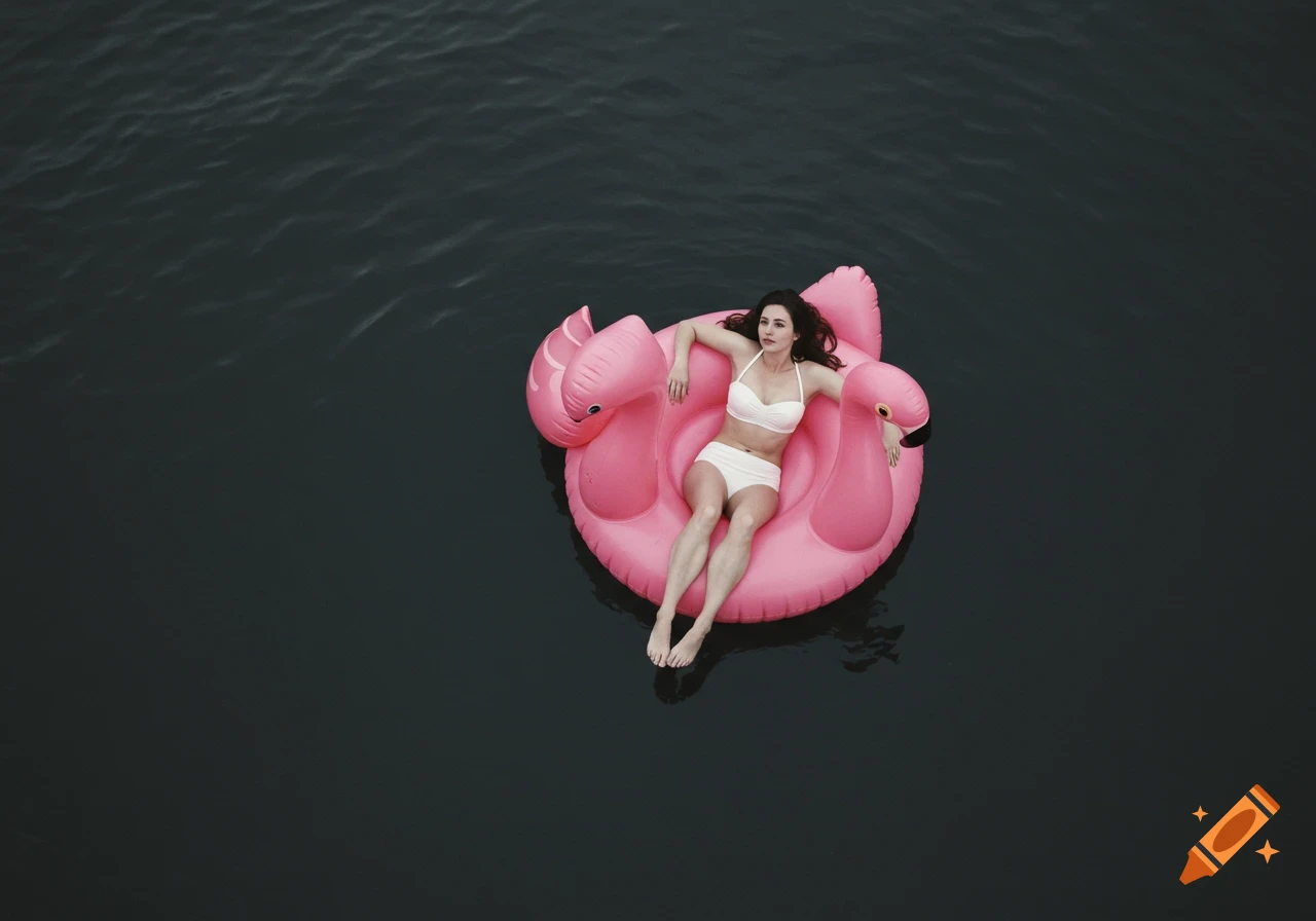 Adult woman in a white retro swimsuit lounging on a pink flamingo floaty in dark water, shot from an overhead drone view.