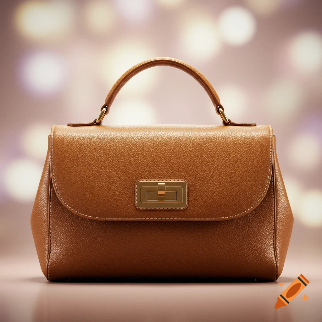 A photorealistic close-up of a brown leather handbag with a gold metal clasp, set against a blurry, light background.