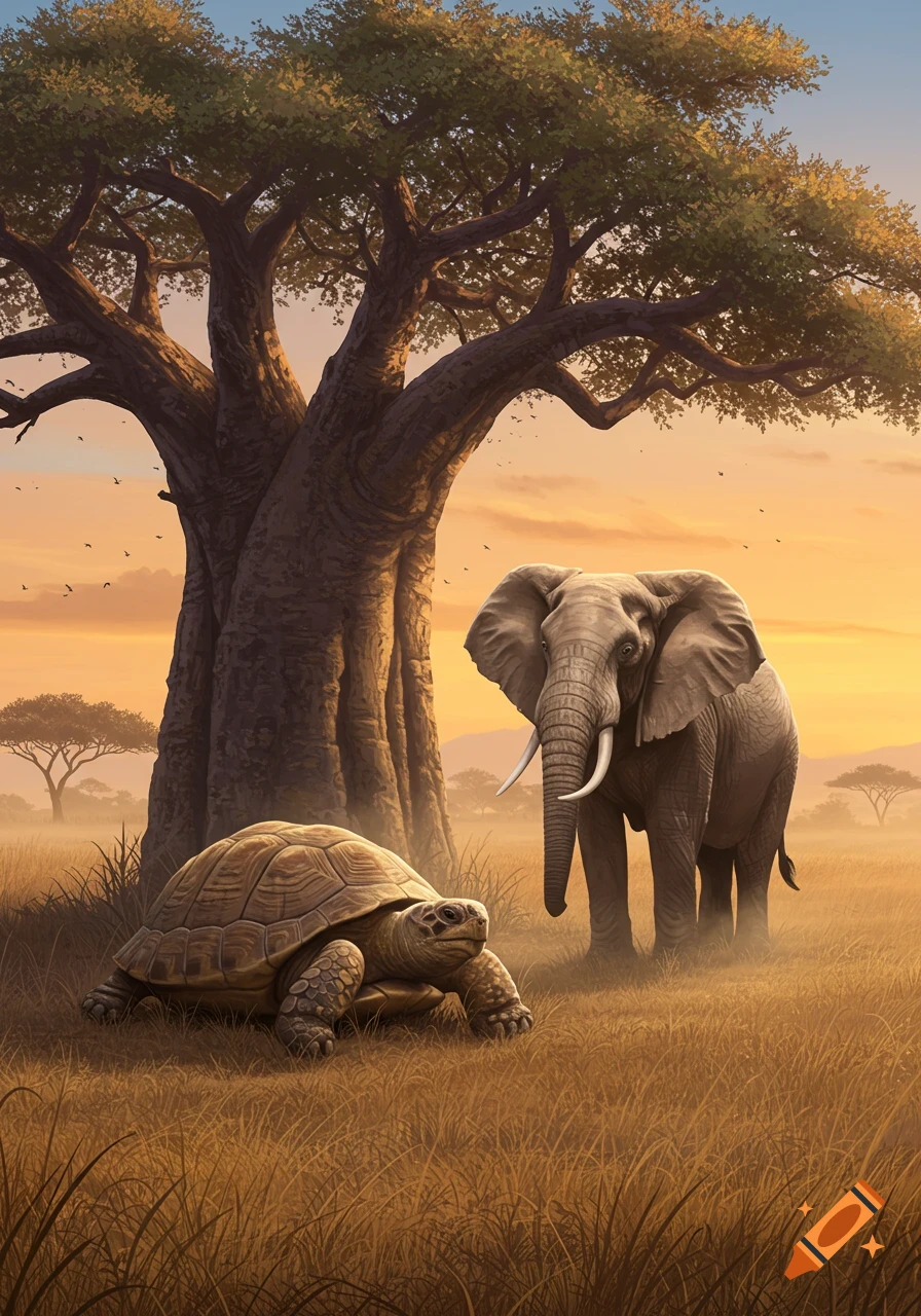 A large tortoise and an elephant stand in a grassy savanna under a huge tree at sunset.