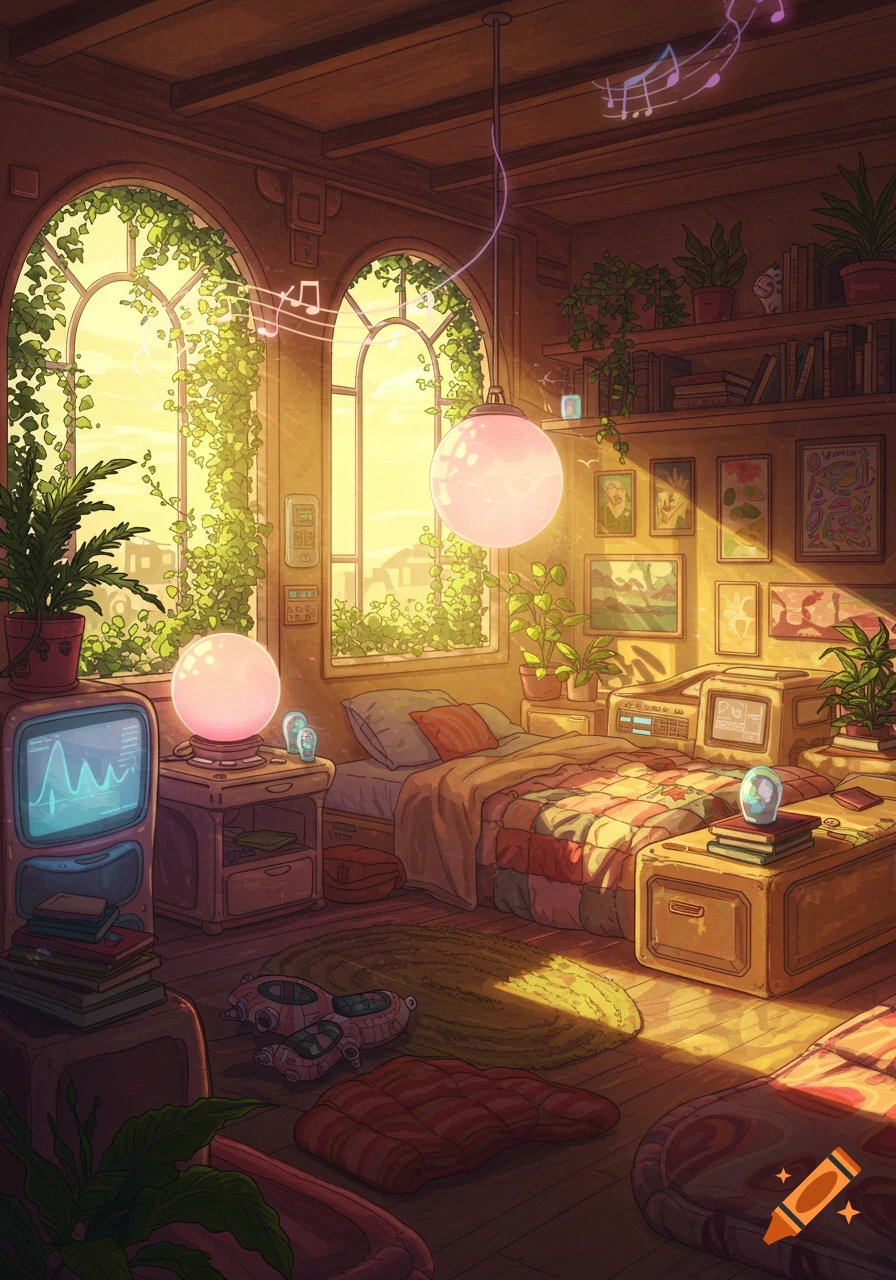 A cozy, sunlit solarpunk bedroom with large arched windows covered in vines, a bed with a patchwork quilt, glowing orbs, and retro-futuristic tech.